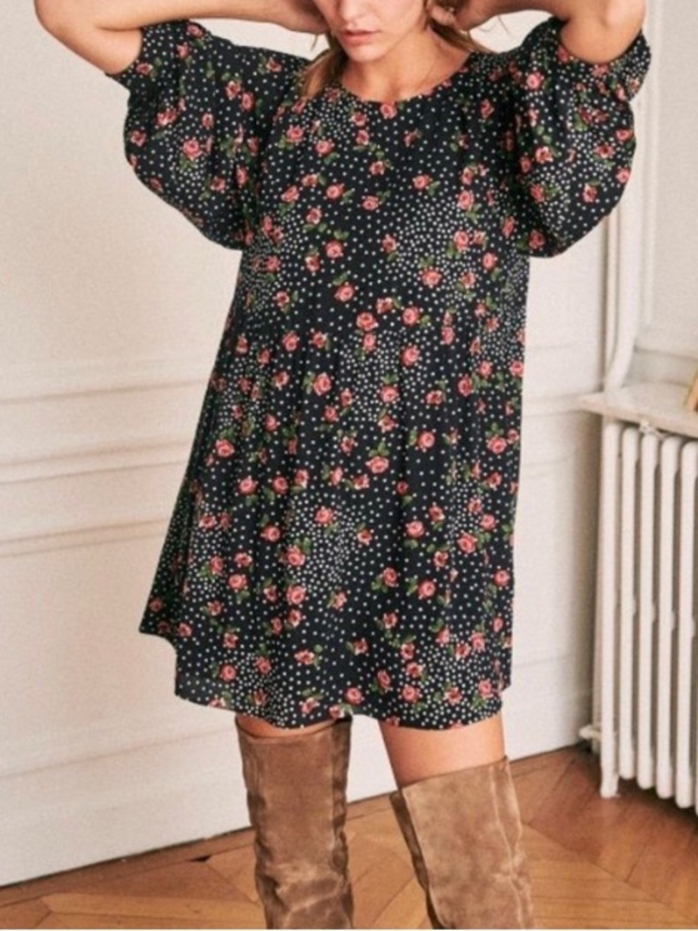 Sezane Grace Mini Dress FR 38 US 6 Rose Floral Polka Dot Crinkle Navy Red White